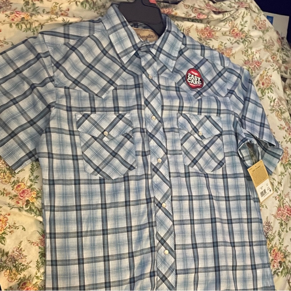 Wrangler Light Blue Plaid Button-Down Shirt